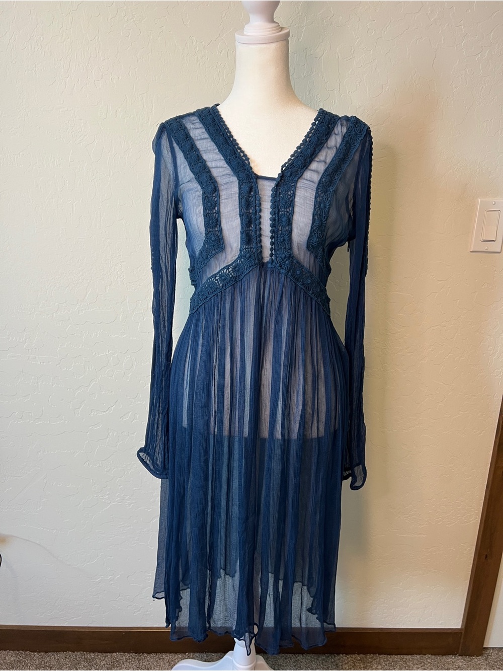 Sundance Time After Time Blue Sheer Crochet Boho Dress Above Knee with Slip 6